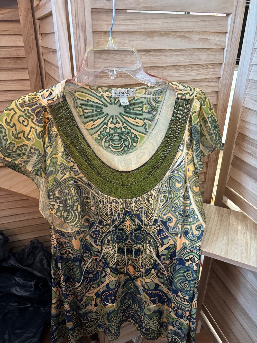 One World Green Patterned Scoop Neck Tunic with Beaded Trim Large